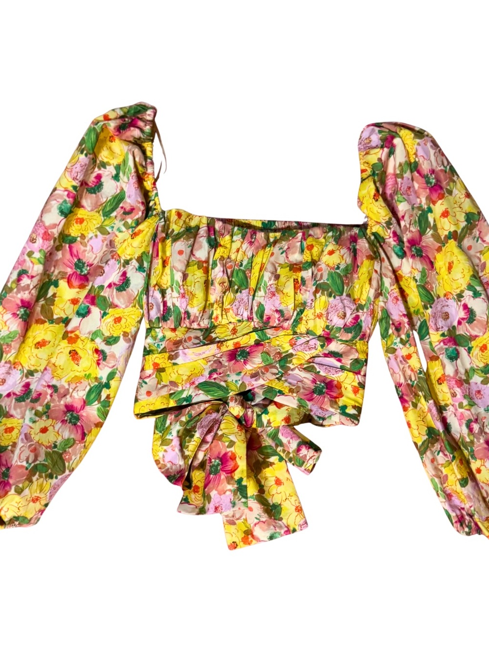 Zara Floral Puff-Sleeve Crop Top in Yellow, Pink & Green